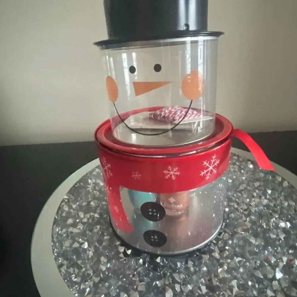 Vintage transparent clear Whimsical 3 Stackable Holiday Snowman Tin by Crofton